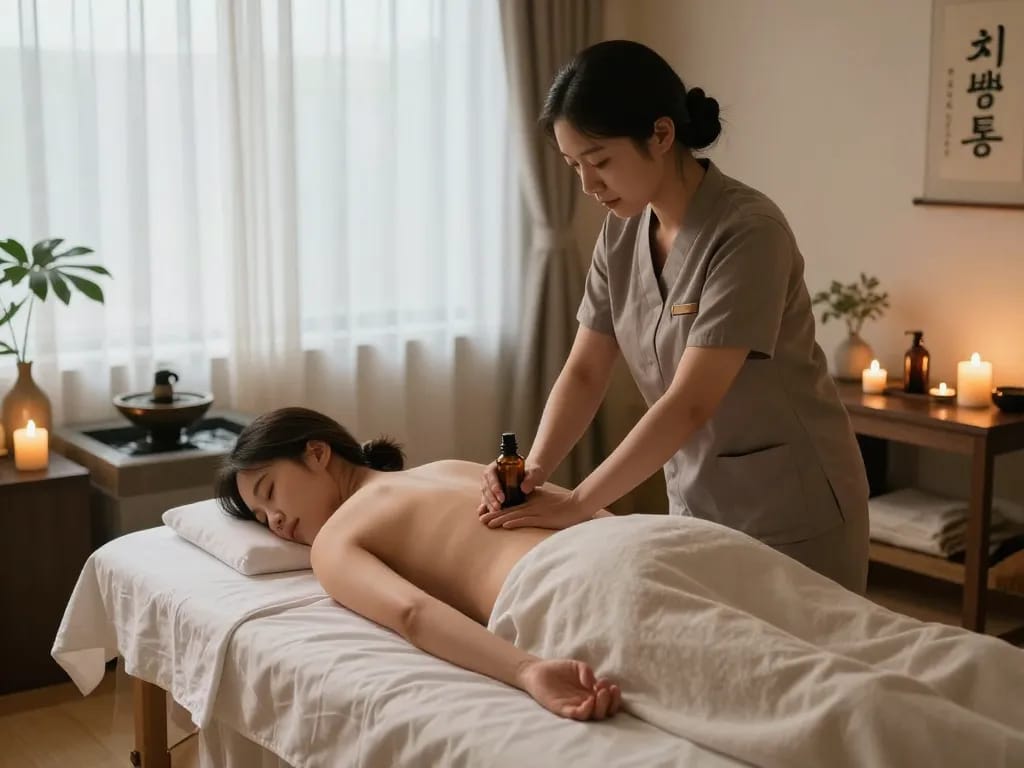 편안하고 차분한 스파 분위기에서 치료사가 에센셜 오일을 적용하는 치평동마사지 세션.