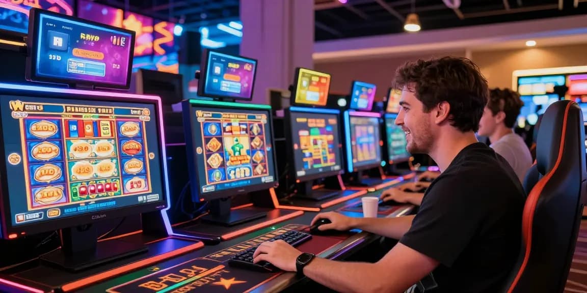Exciting player engaging at computer in vibrant online gaming room, showcasing credit card casinos for UK players in action