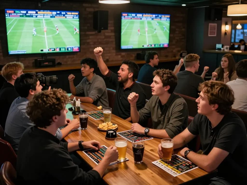 KQBD sports betting excitement in a busy bar with fans watching live matches and engaging in discussions.