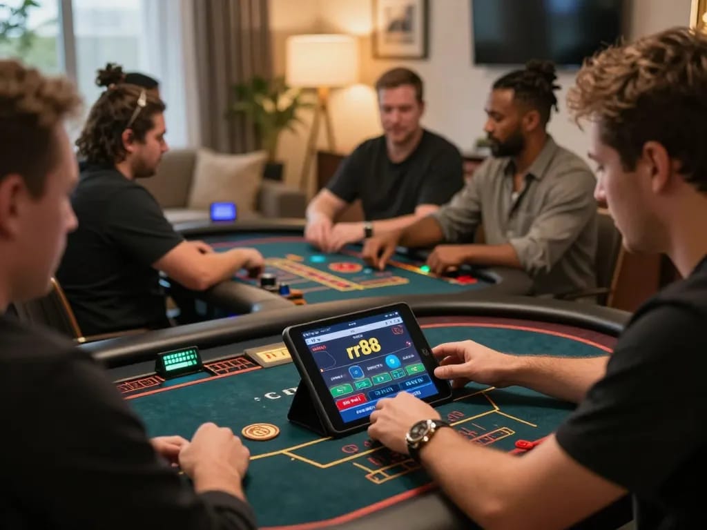 Players enjoying the rr88 online casino platform in a cozy home setting, highlighting strategic gameplay.