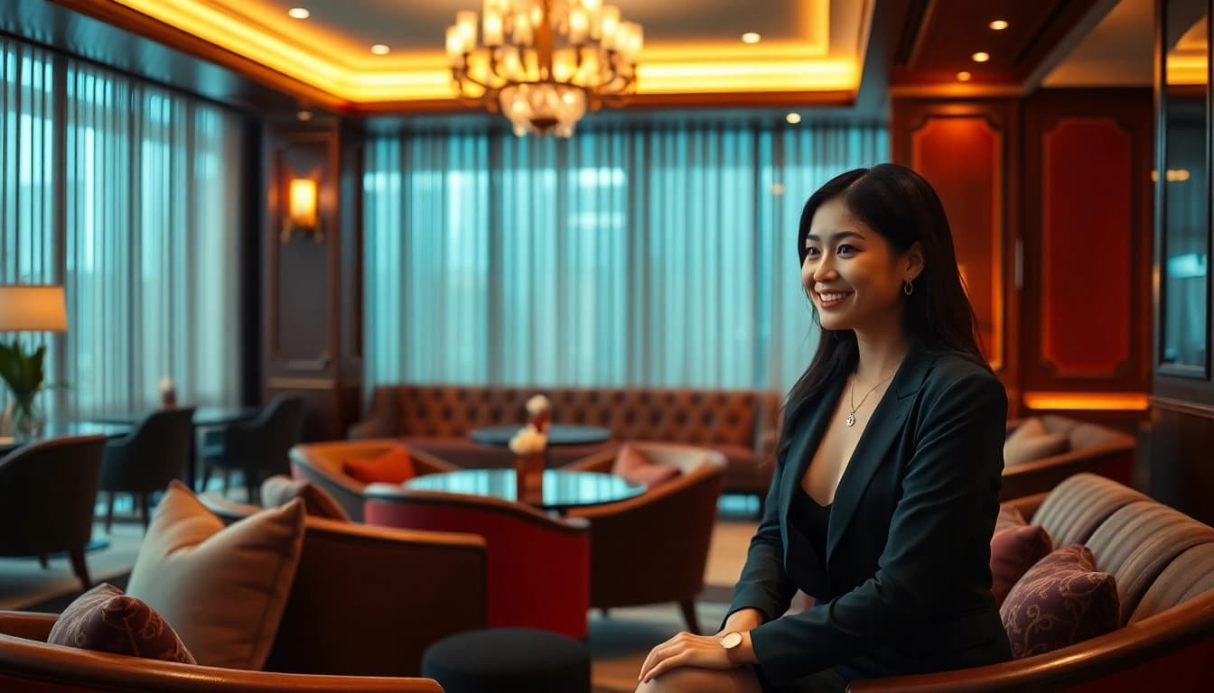 Singapore escort service showcasing an elegant lounge with a beautiful Asian escort and warm ambiance.