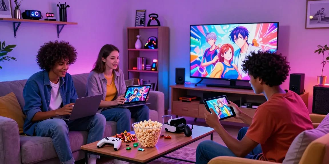Friends enjoying a lively gaming session playing hentai games on different devices in a colorful living room.