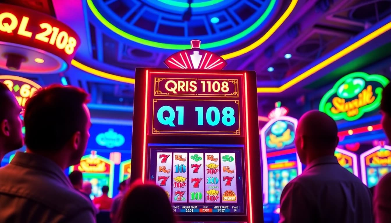 Mainkan QRIS108 Slot yang menarik dengan pemain bersemangat di kasino penuh warna.
