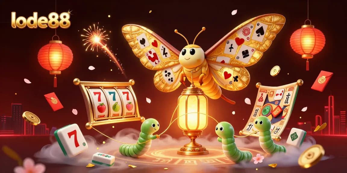 Engage with lode88 through vibrant casino scenes filled with illustrated card suits and golden lanterns.