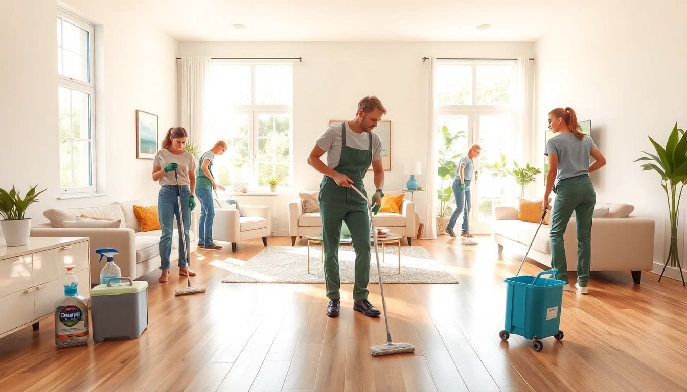 Professional team performing a Cleaning Service in a bright living room while ensuring thorough tidiness.