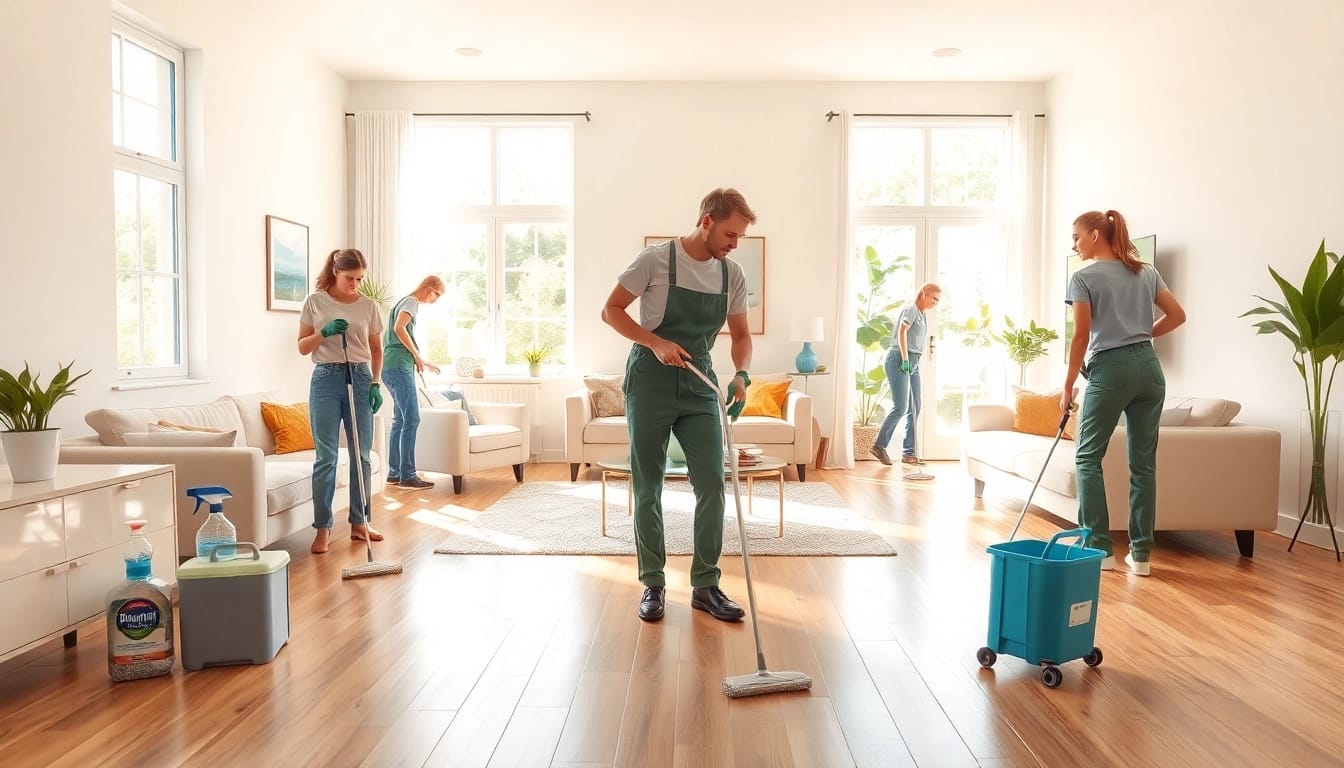 Professional team performing a Cleaning Service in a bright living room while ensuring thorough tidiness.