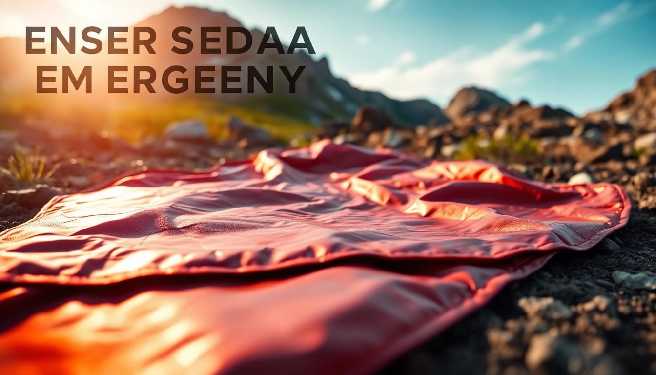 Emergency blanket in a survival scenario, reflecting natural light in a rugged outdoor setting.