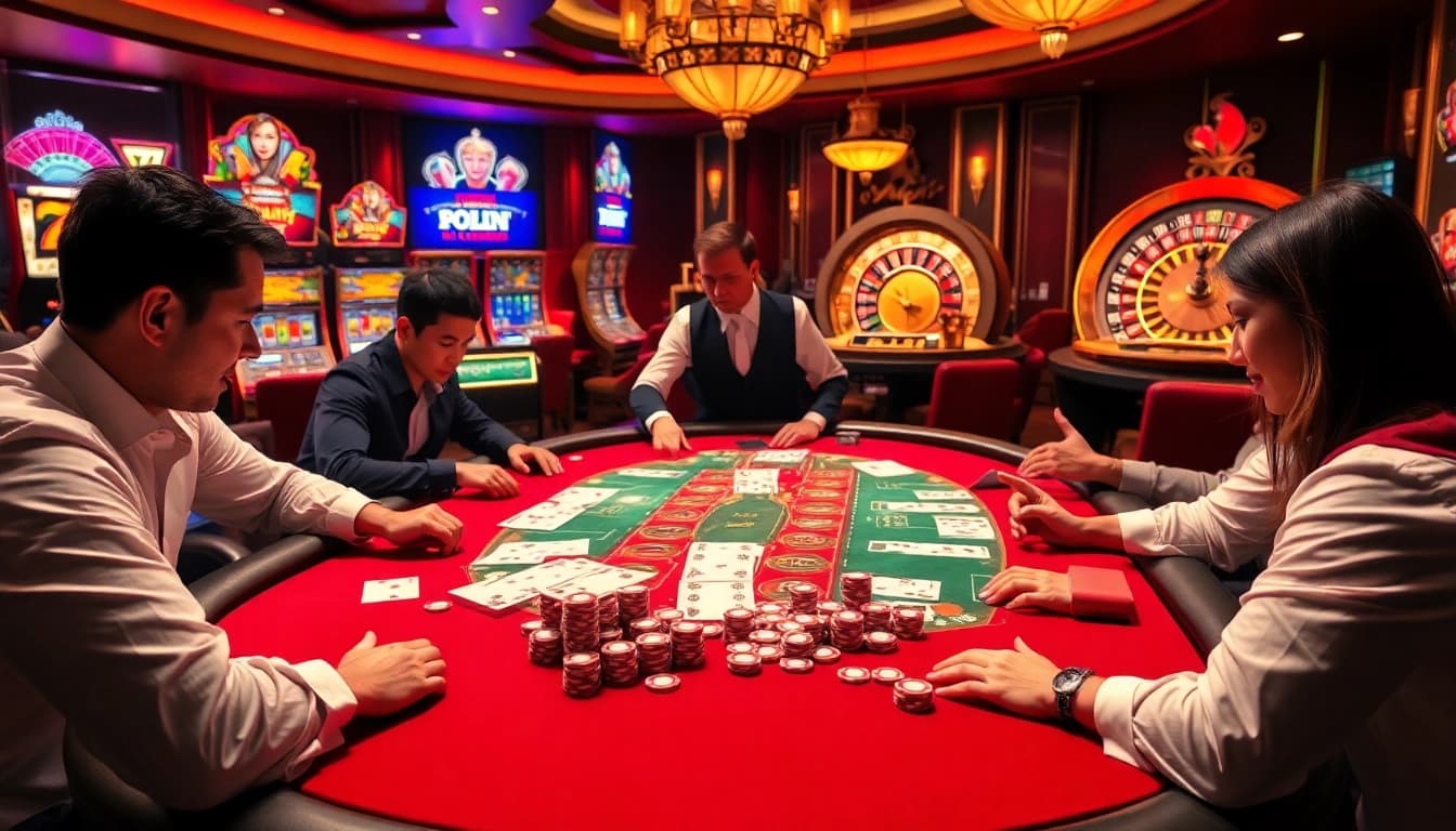 Thrilling poker scene at 56WIN casino with vibrant lights, high-stakes gameplay, and colorful chips.