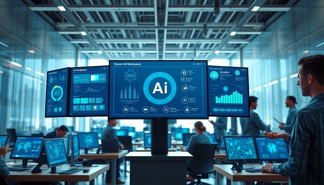 Showcase of an ai tool marketplace with a modern digital interface and collaborative environment.