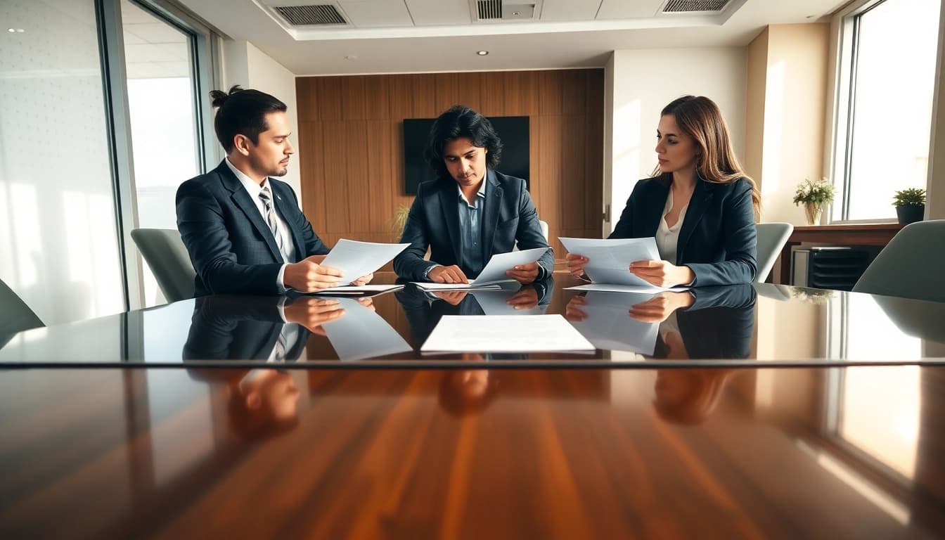 Miami divorce lawyers discussing strategies in a professional office setting.