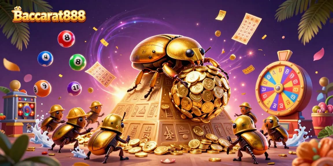 Experience Baccarat888 as a dynamic scene with bright lottery elements, golden coins, and animated casino excitement.