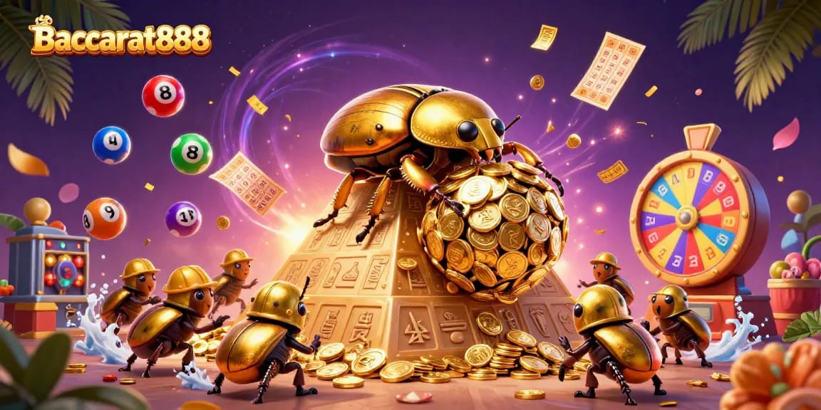 Experience Baccarat888 as a dynamic scene with bright lottery elements, golden coins, and animated casino excitement.