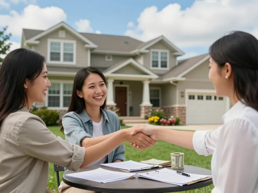 Happy couple engaging with cash home buyers in front of their home, showcasing a successful sale.