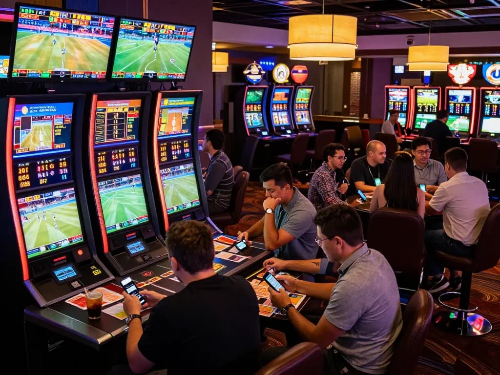 Nhà cái FIVE88 enhancing the excitement of a modern sports betting experience with dynamic screens and engaged bettors