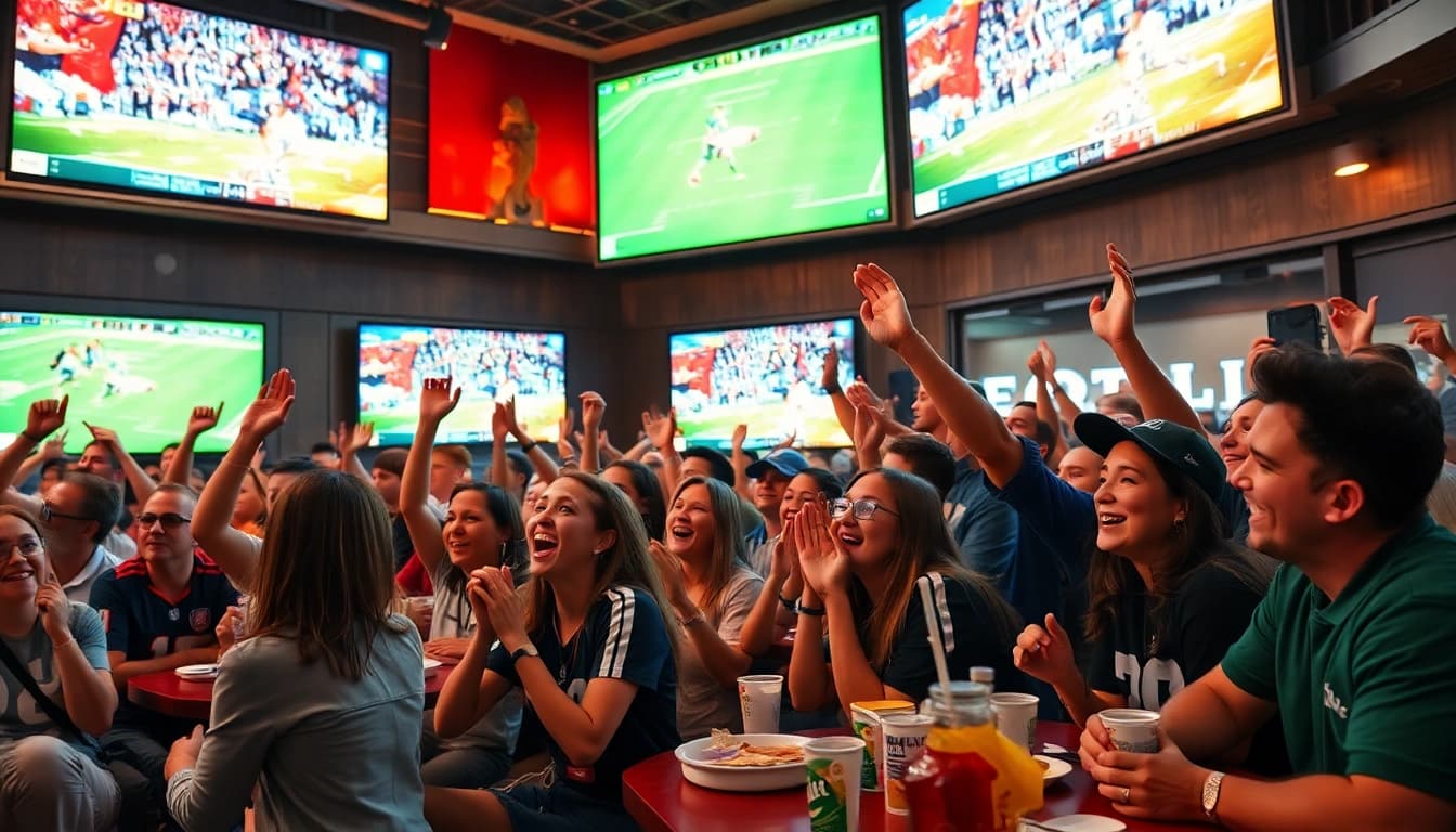 Excited sports fans enjoying live broadcasts at a 토토스토리 event.