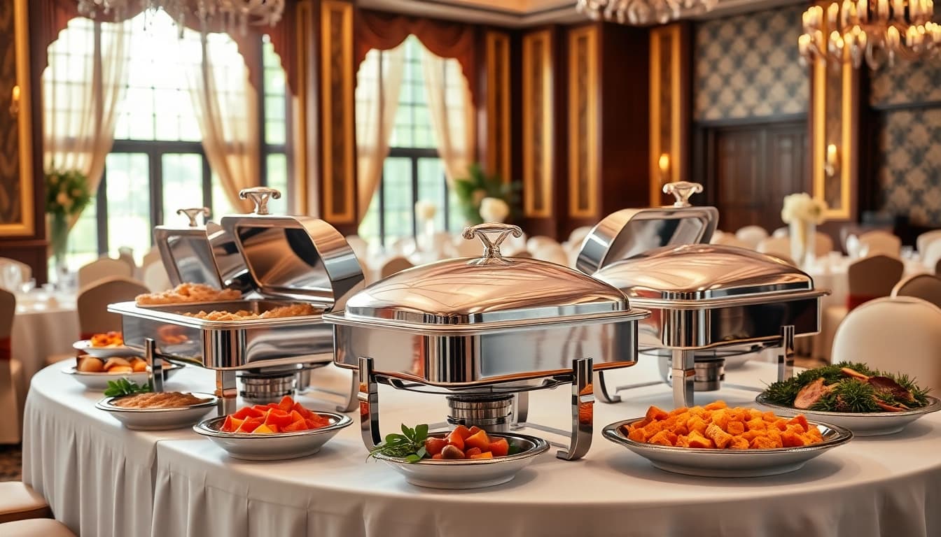 Showcasing a chafing dish elegantly set on a banquet table filled with delicious food.