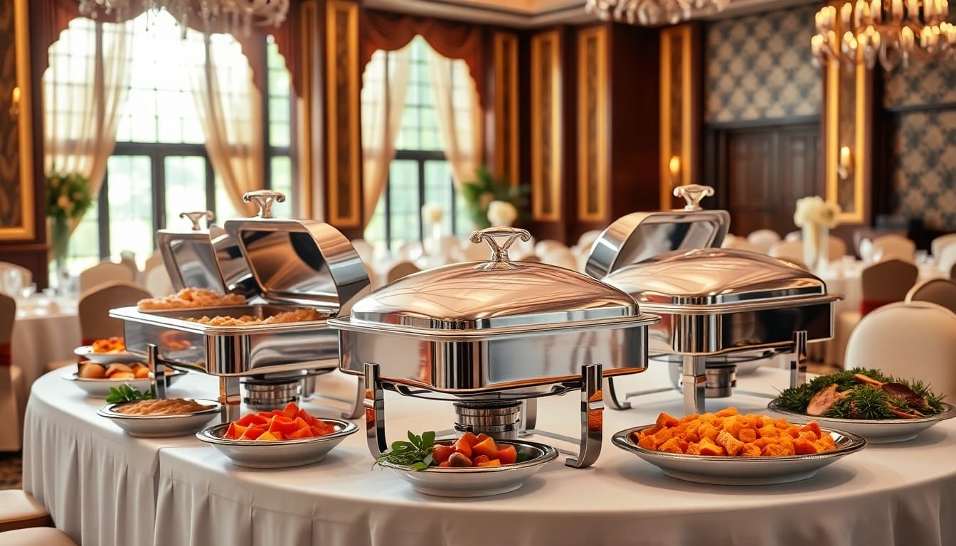Showcasing a chafing dish elegantly set on a banquet table filled with delicious food.