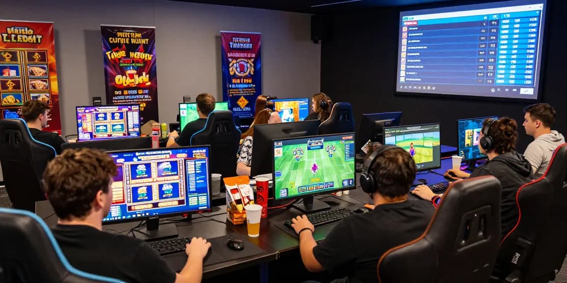 Engaged players at gaming tournament showcasing diverse online games at https://rokok88.com with vibrant visuals.