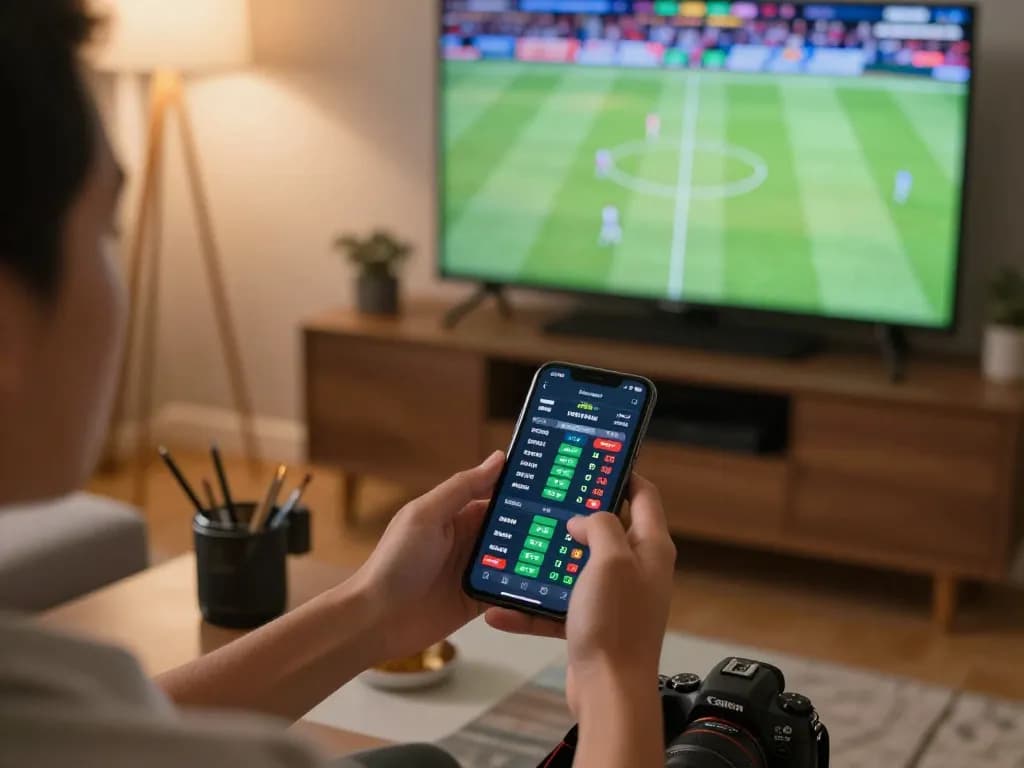 TT88 user placing live sports bets on smartphone in modern living room setting.