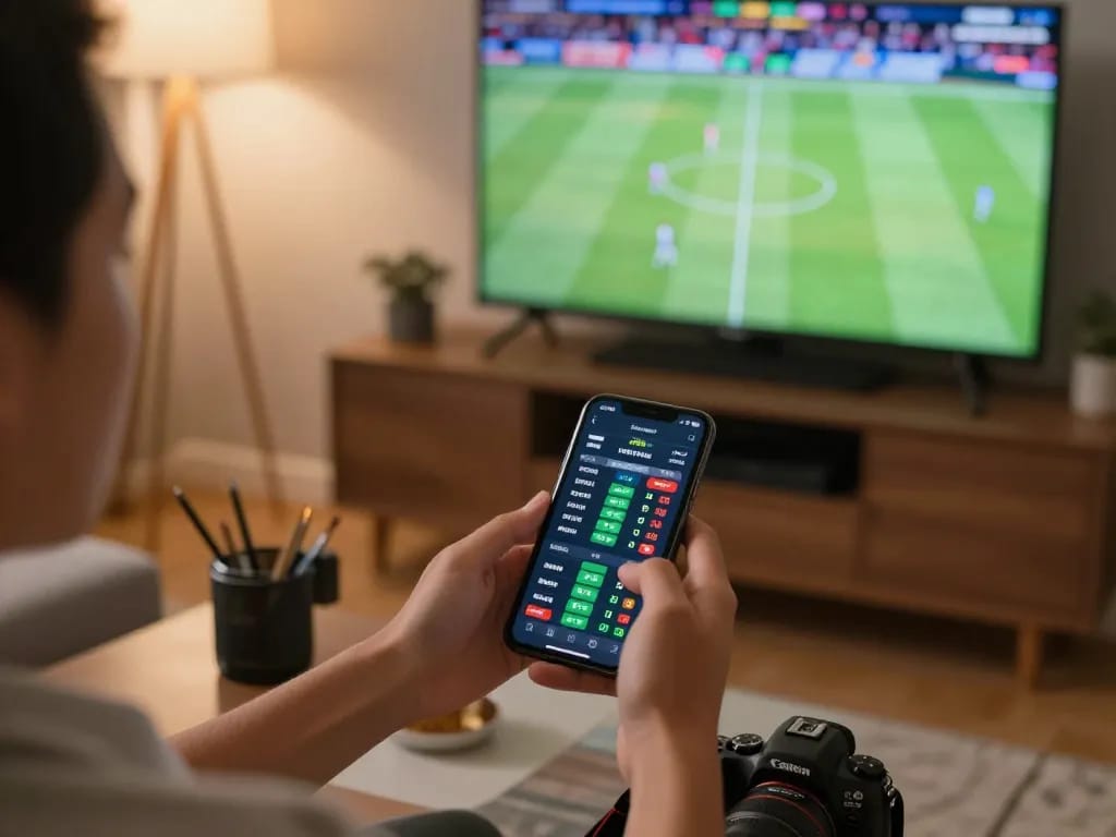 TT88 user placing live sports bets on smartphone in modern living room setting.