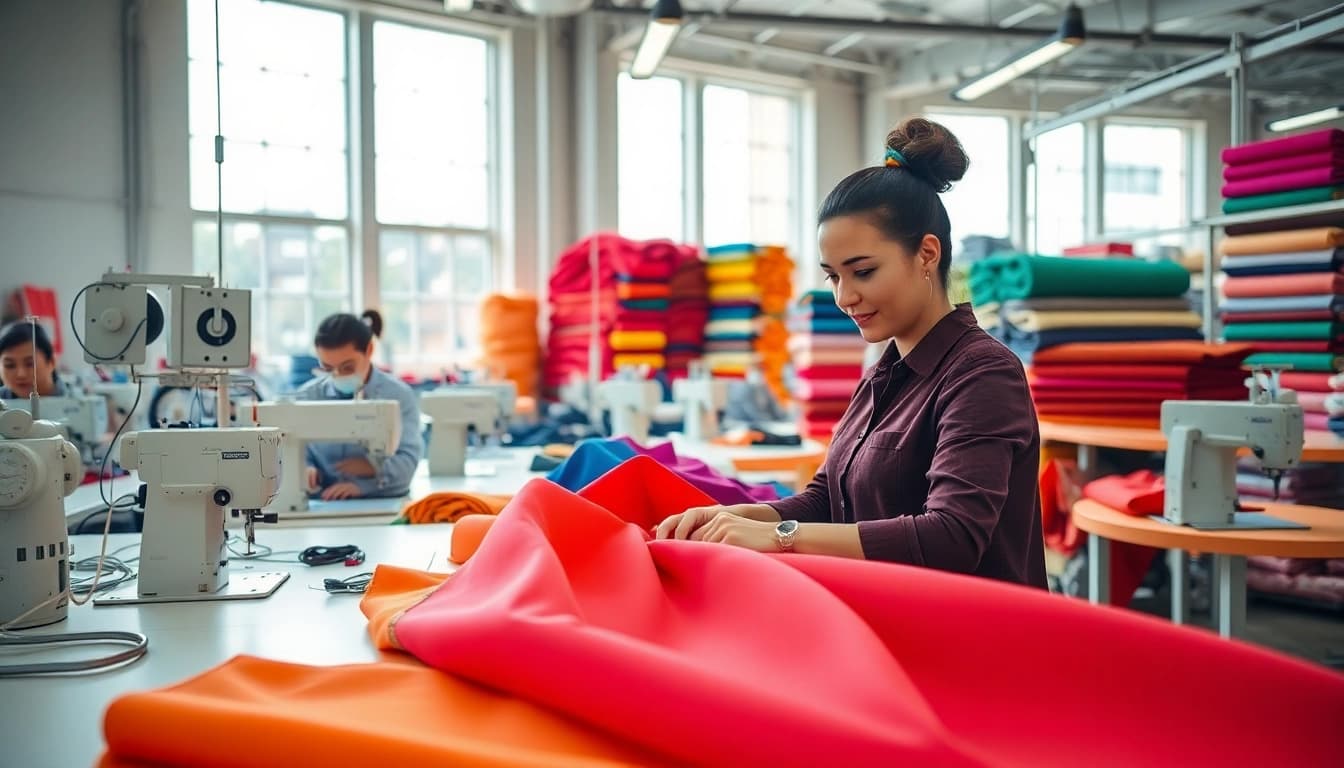 Clothes Manufacturer showcasing vibrant fabrics and skilled workers in a modern factory.
