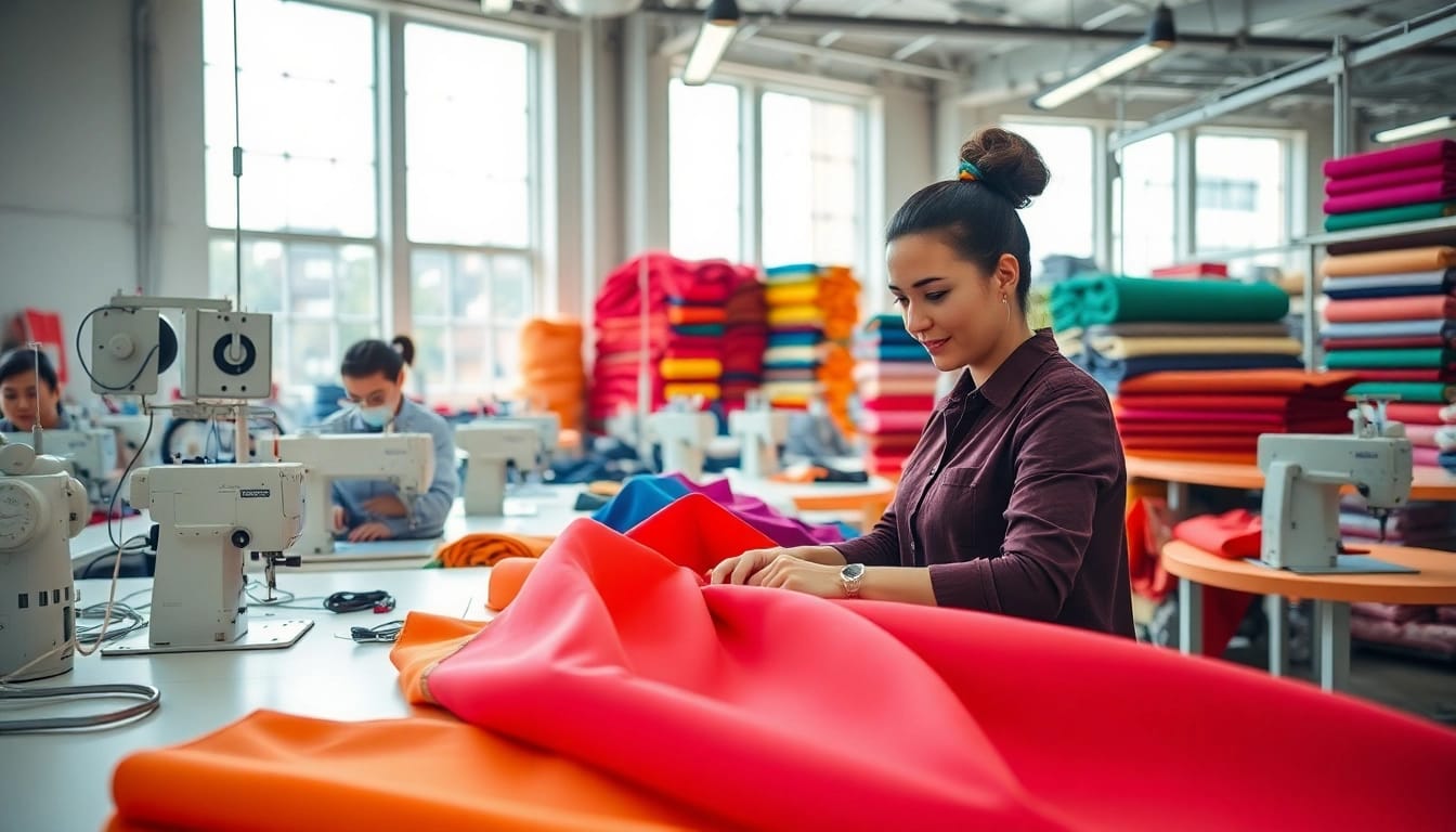 Clothes Manufacturer showcasing vibrant fabrics and skilled workers in a modern factory.