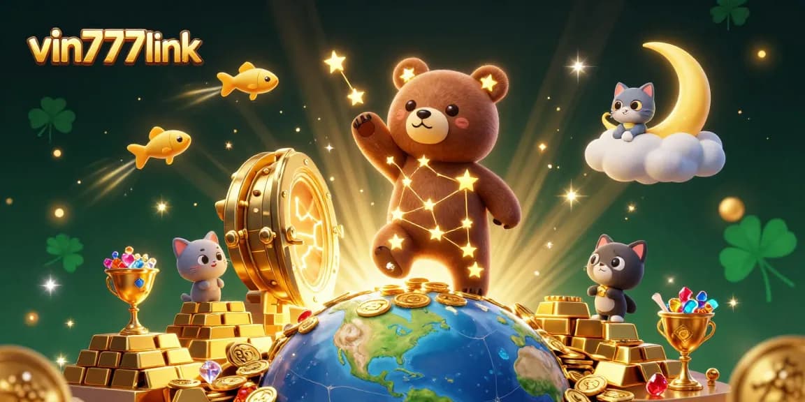 Enjoy winning with vin777link in a vibrant 3D casino illustration featuring treasure and lucky symbols.