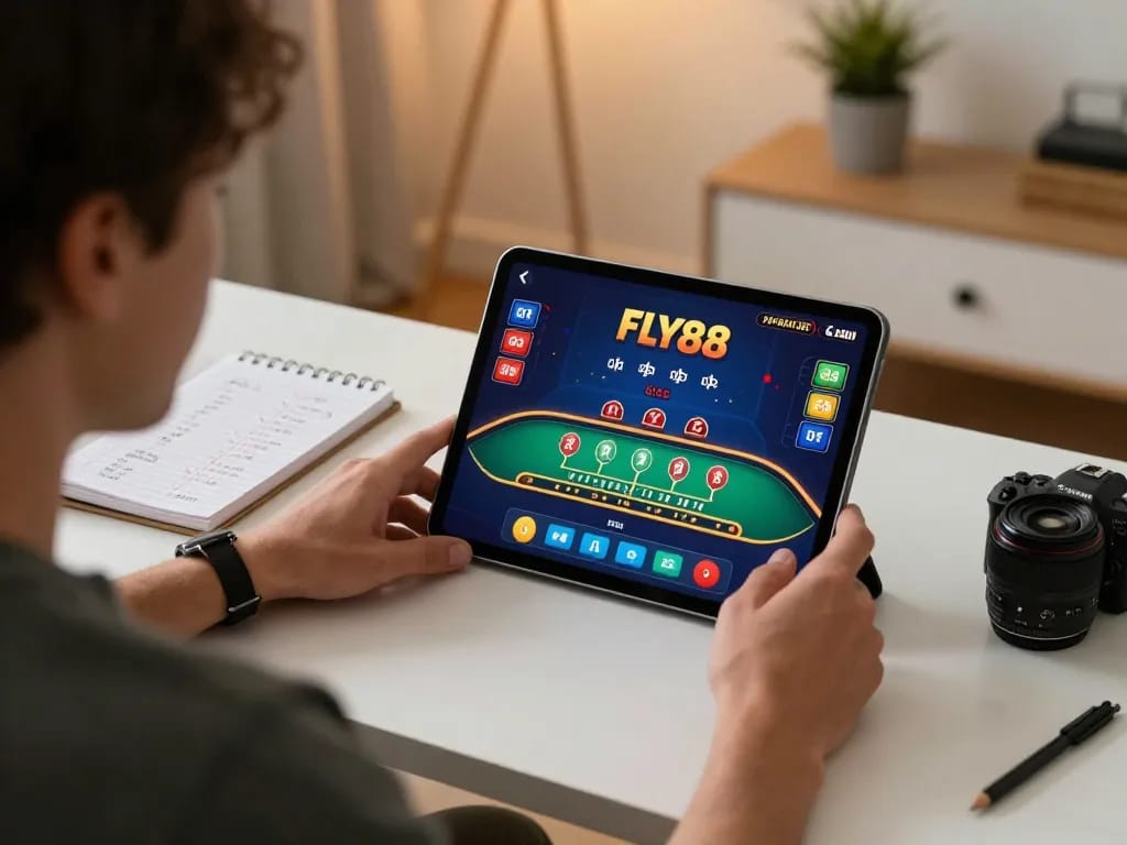 Player immersed in FLY88 casino action on tablet, showcasing dynamic online gaming experience