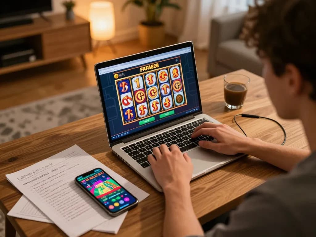 FAFA828 player engaged in online slot gaming, displaying excitement with laptop and strategy notes.