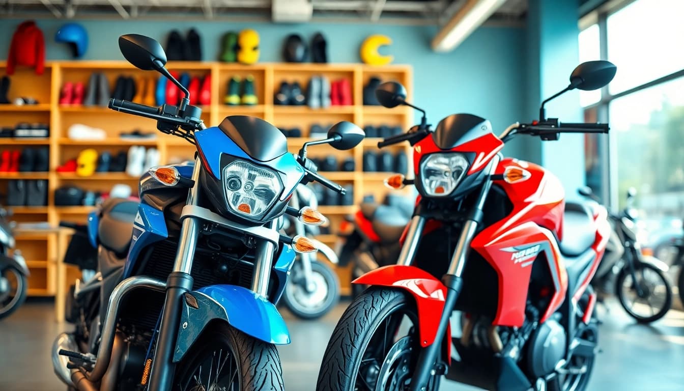 Motorrad gebraucht kaufen in einem einladenden Motorradgeschäft mit einer Auswahl an farbenfrohen Modellen.