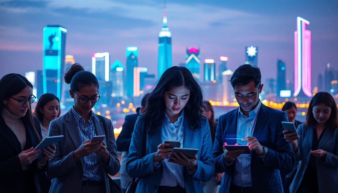 Engage with technology at https://mohamedmmblog.tech, showcasing AI and smart device interactions in a vibrant cityscape.