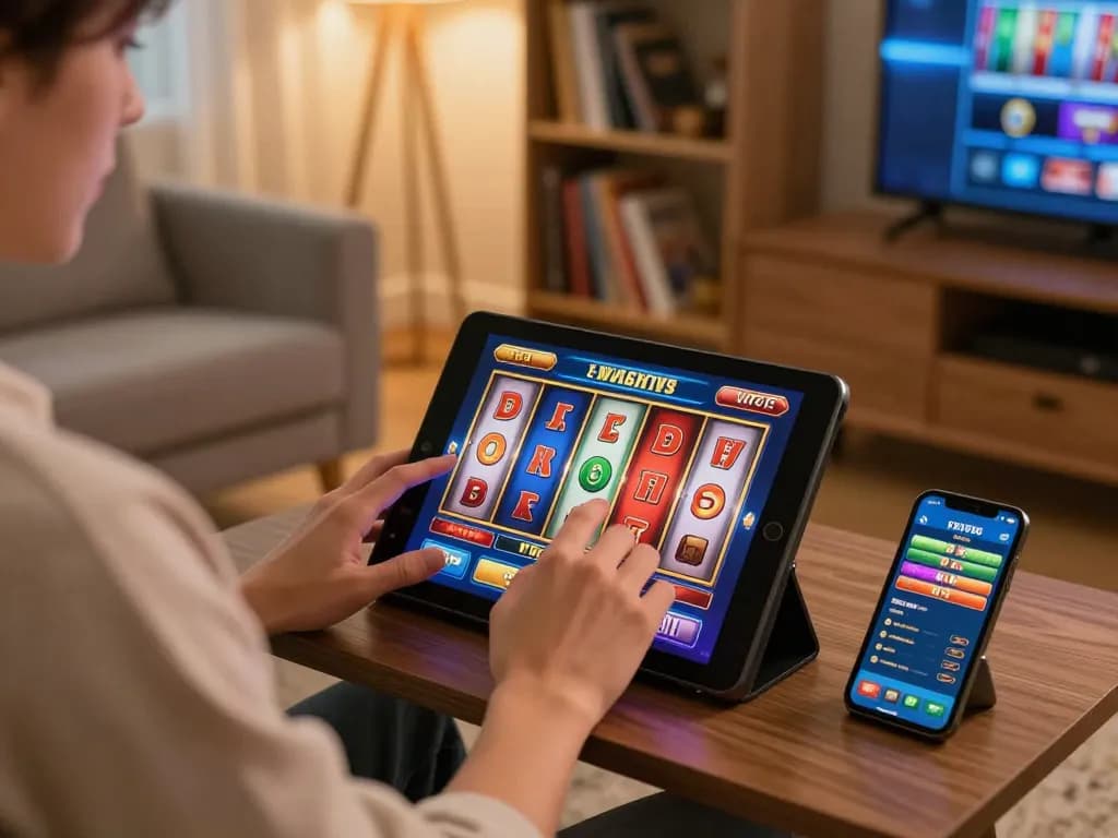 Engaging online gaming session at home with Da88 slot game displayed on tablet.