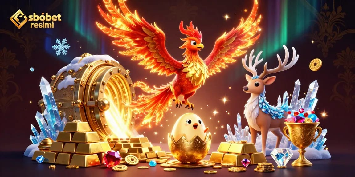 Engage in sbobet resmi gaming amidst a vibrant scene with mythical characters and treasures.