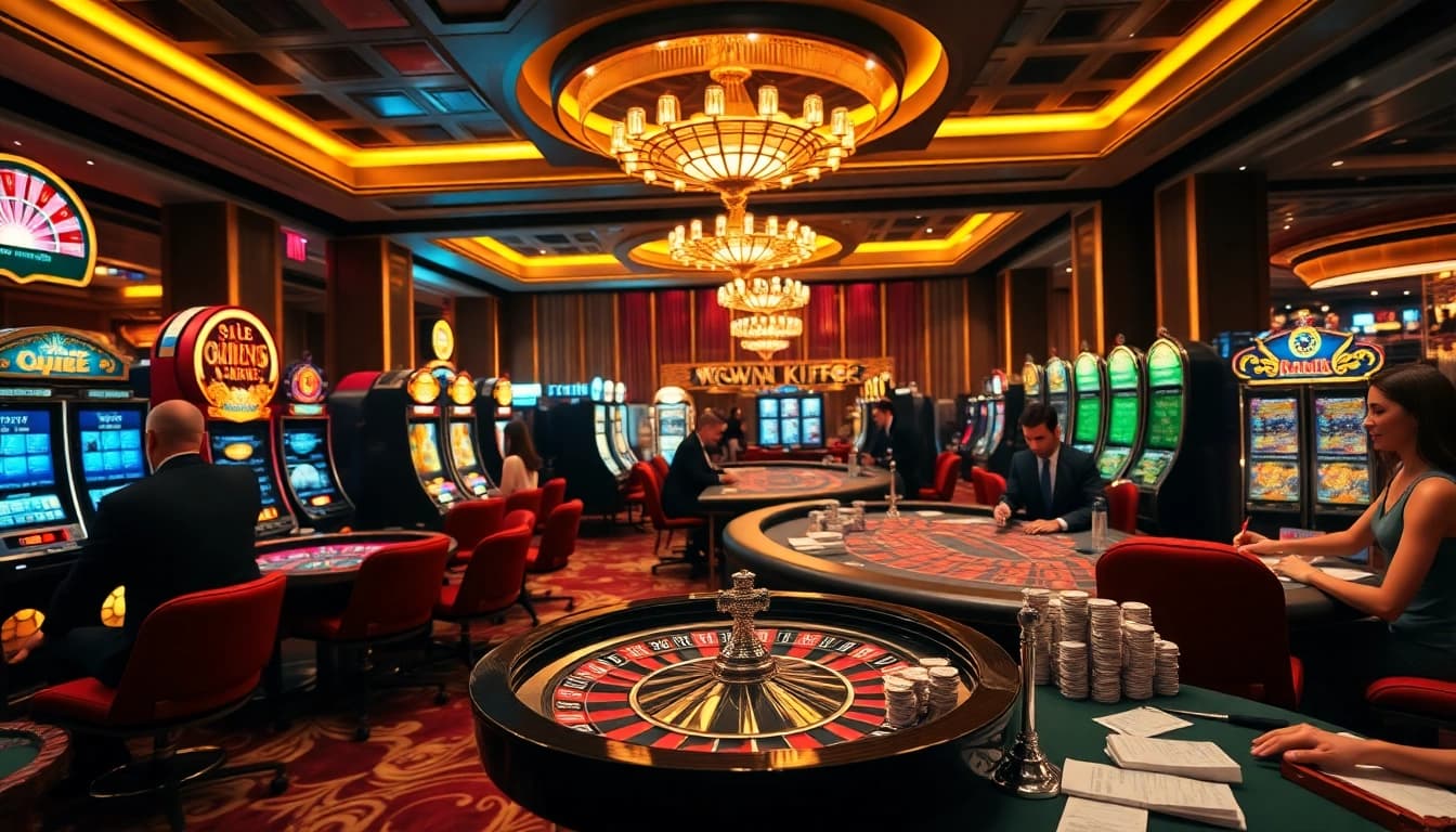 Engaged gamblers enjoying the thrill of the game at https://kkwin.diy/ in a luxurious casino atmosphere.