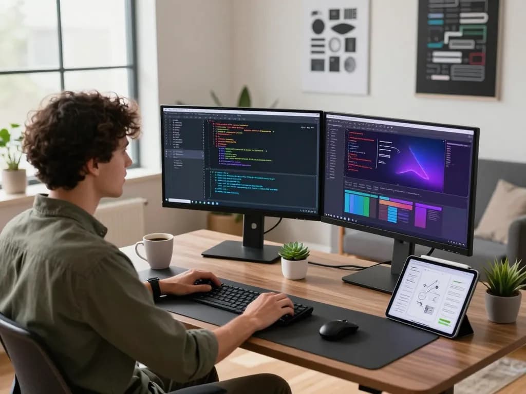 Developer coding with vibrant screens in a modern workspace showcasing molt bot capabilities.