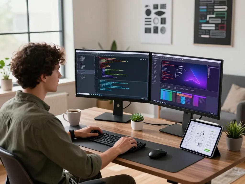 Developer coding with vibrant screens in a modern workspace showcasing molt bot capabilities.