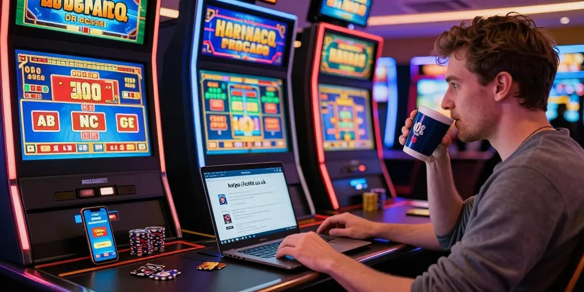 Dynamic online casino gaming scene with player using credit card deposits on https://lctltd.co.uk, showcasing vibrant slot machines and engaging atmosphere.
