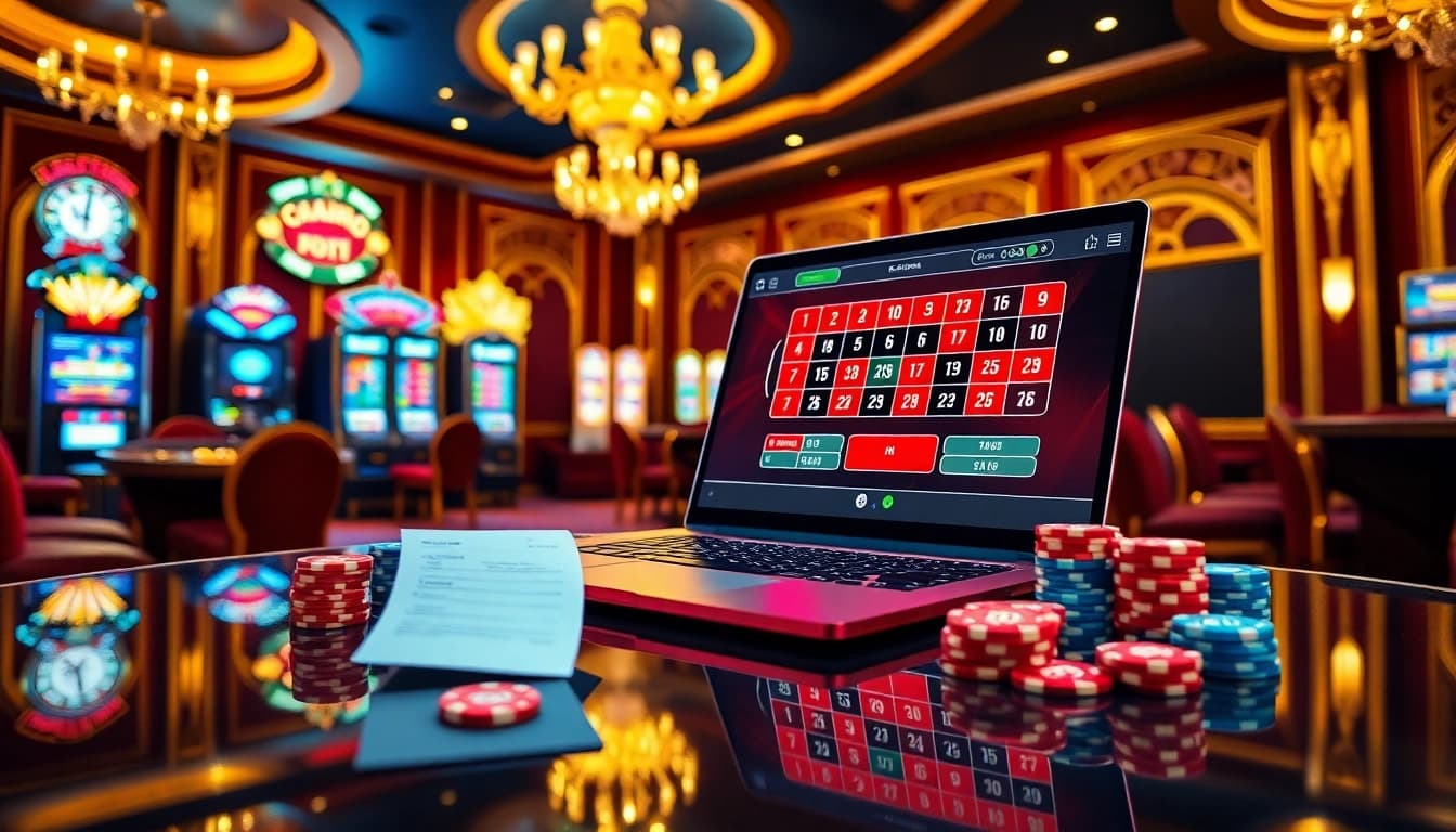 Gameplay captivant en ligne dans un casino en ligne avec une ambiance luxueuse, roulette et bulletin de pari.