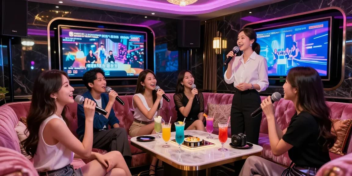 강남가라오케에서 친구들과 함께 즐거운 시간을 보내는 모습, 고급스러운 실내와 화려한 조명을 배경으로
