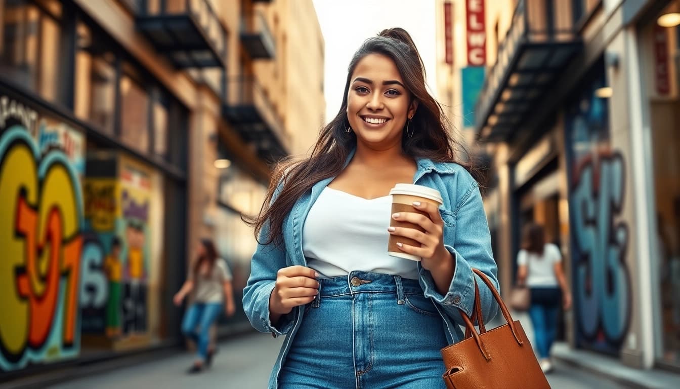 Showcase of curvy fit jeans women highlighting street style and confidence.