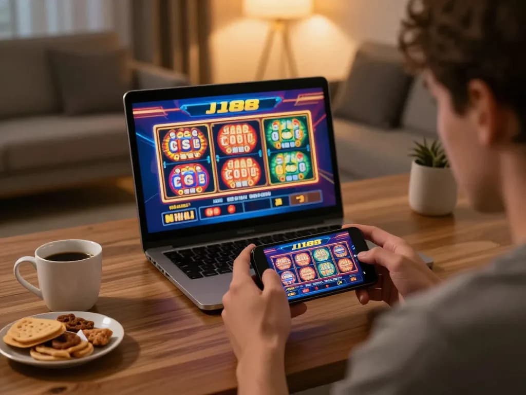 Player engaging in exciting J188 online casino gaming on smartphone, showcasing vibrant slot options.
