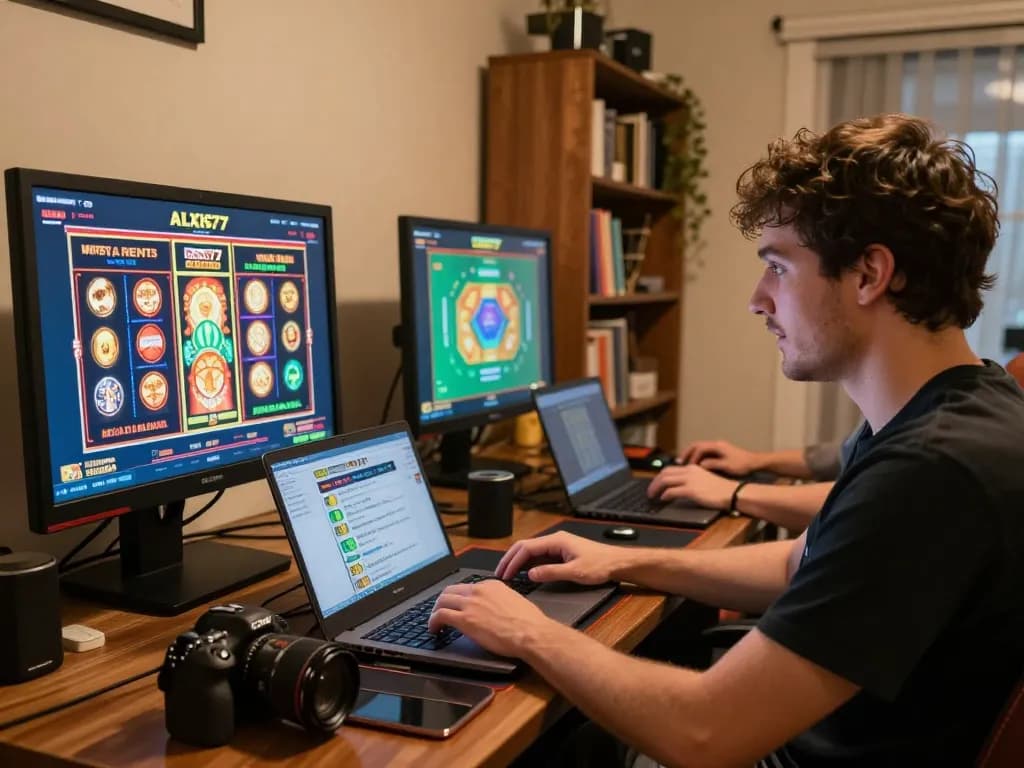 Engaging online gaming scene with player accessing alexis77 platform on laptop, showcasing dynamic casino atmosphere.