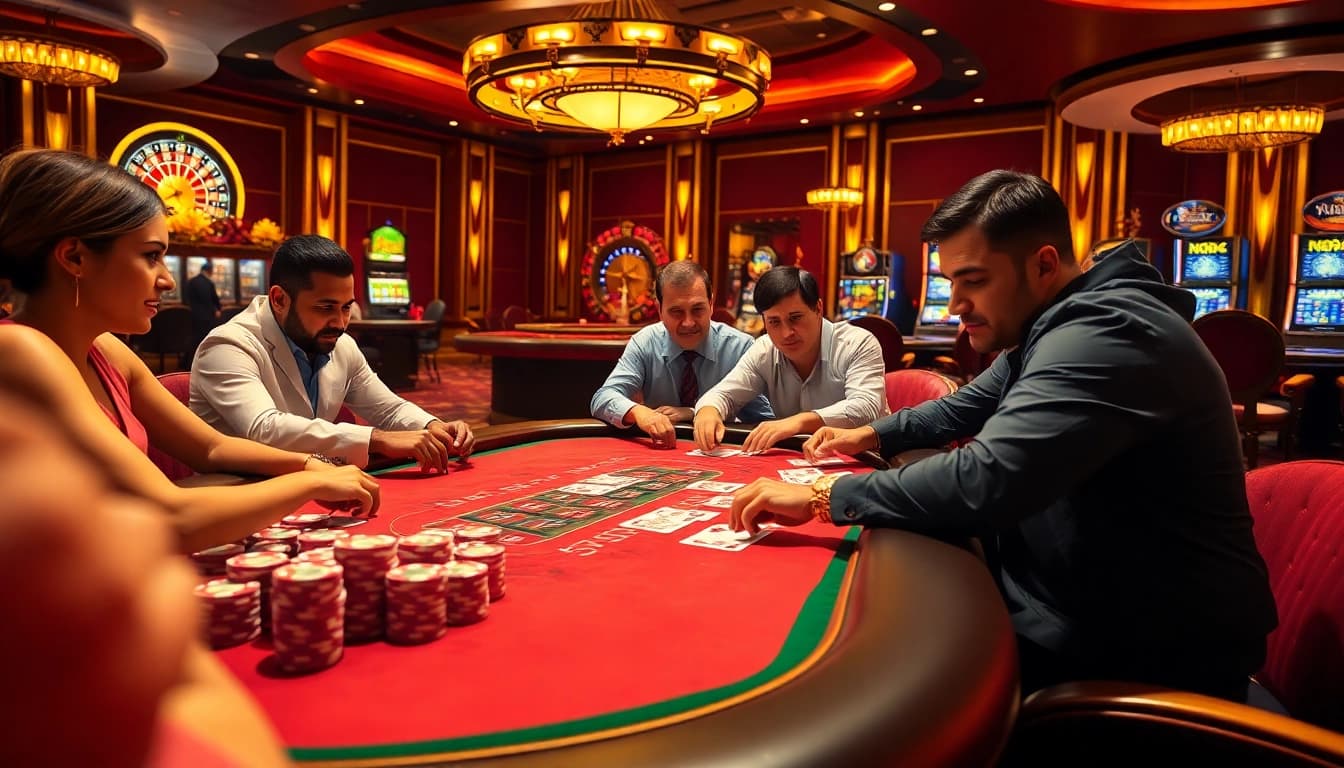 Rasakan sensasi idn poker di suasana kasino megah yang dipenuhi dengan meja yang berwarna-warni dan pemain yang terlibat.