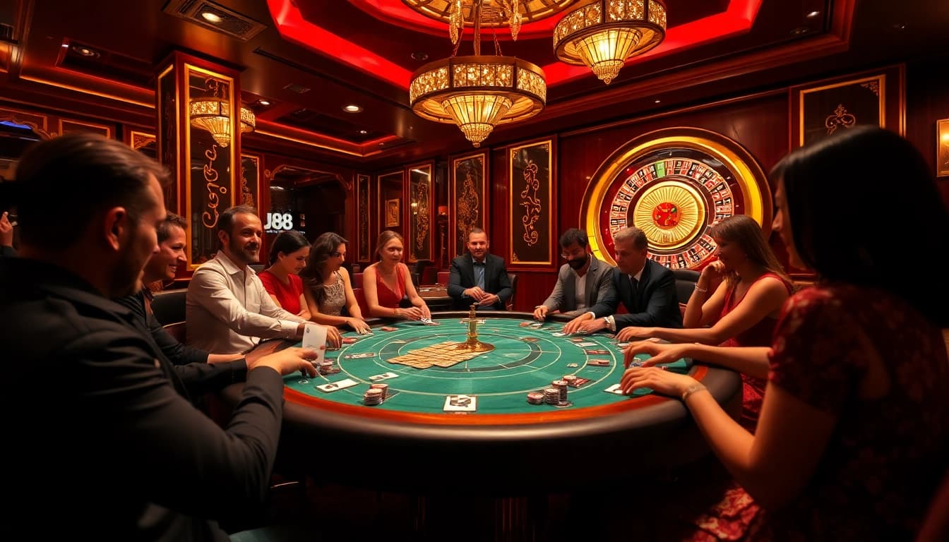 Engaged players enjoying the J88 poker table in a vibrant casino setting.