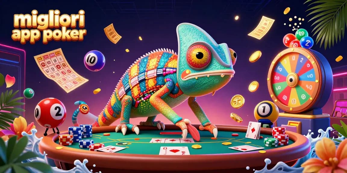 Giocare con le migliori app poker, coinvolgente scena di un camaleonte proprietario di casino che funge da leader attorno a tavoli animati.