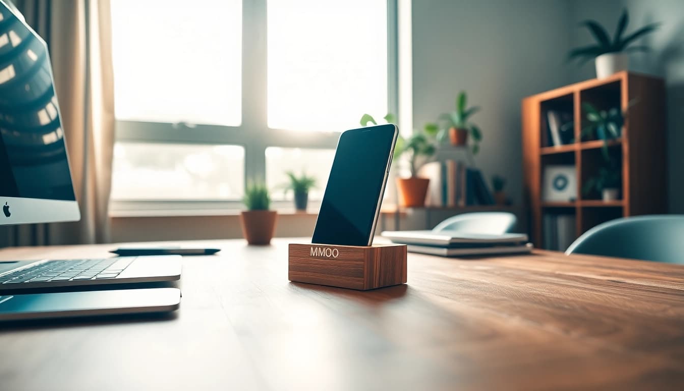 MMOO wooden cell phone holder on a contemporary desk with natural lighting and greenery.