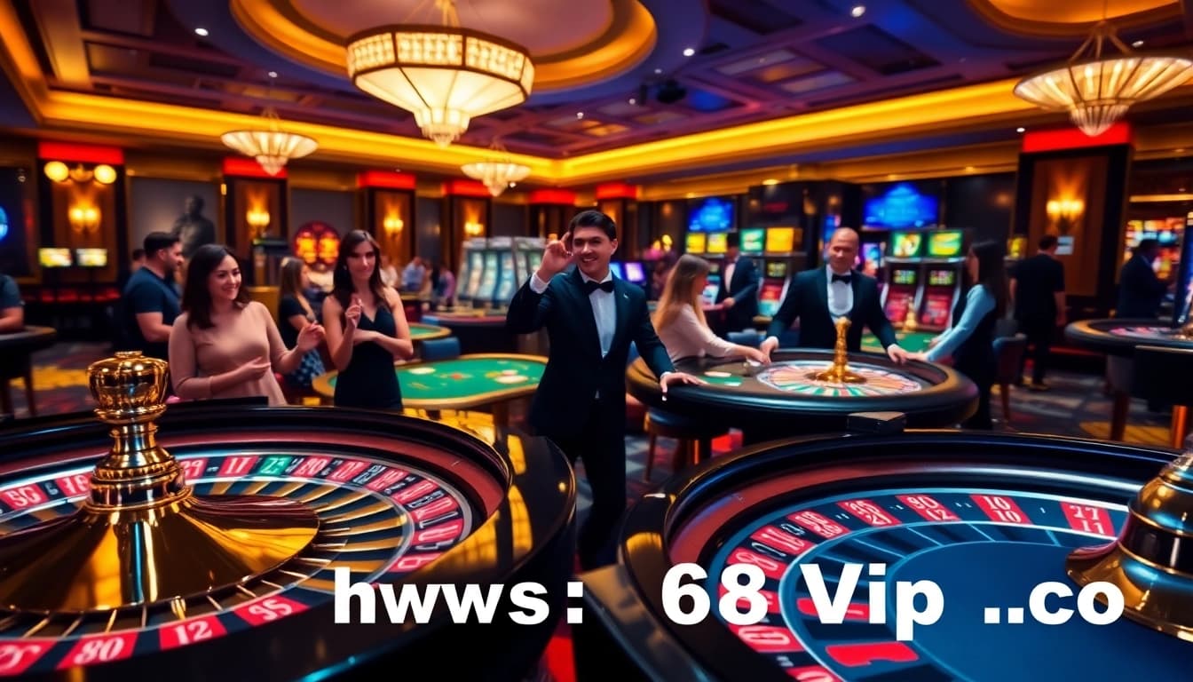 A thrilling gaming scene at https://68vip.co/ showcasing lively casino action with players at poker tables and a roulette wheel.