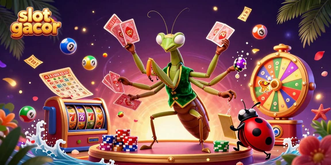 Experience slot gacor thrills with a dynamic scene of a mantis card sharp and colorful gaming elements.