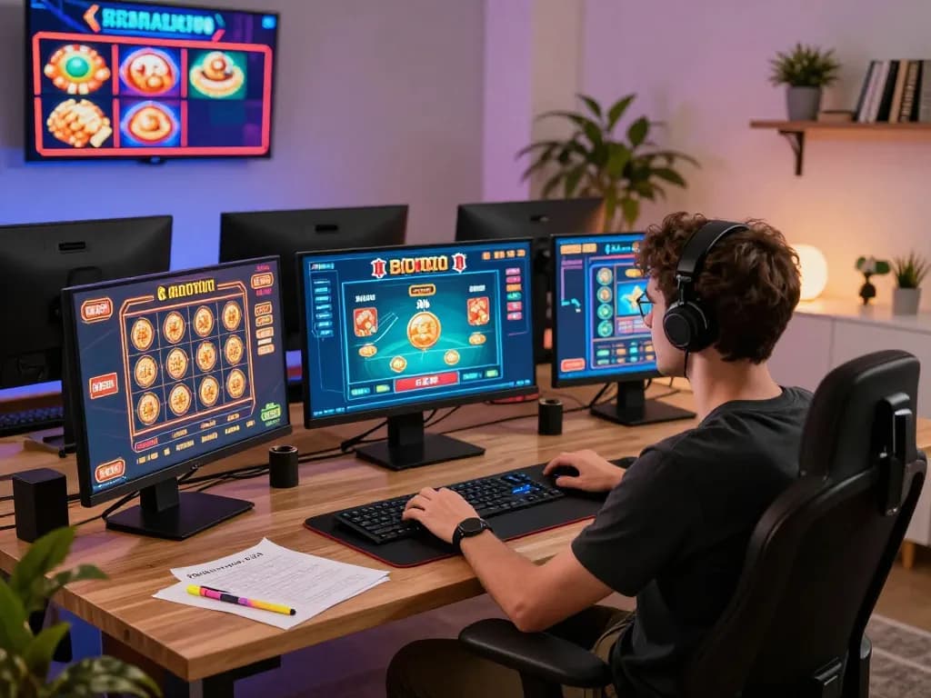Engaging in responsible online gaming with mb88 on multiple screens, showcasing strategic insights and gameplay.