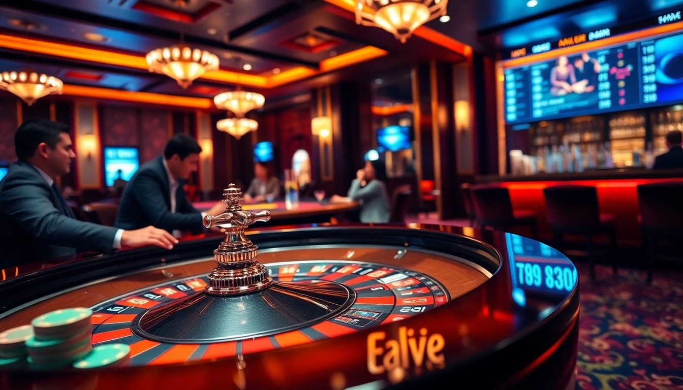An engaging scene of players placing bets at roulette inspired by https://789fcom.asia/ showcasing vibrant poker chips and an elegant atmosphere.
